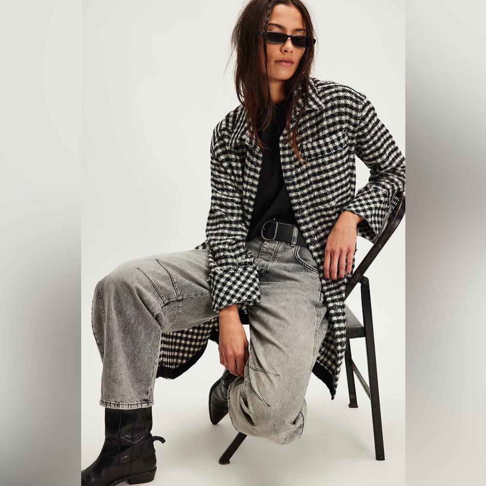 NWT We the Free People Get Around Houndstooth Black White Wool Blend Shacket M